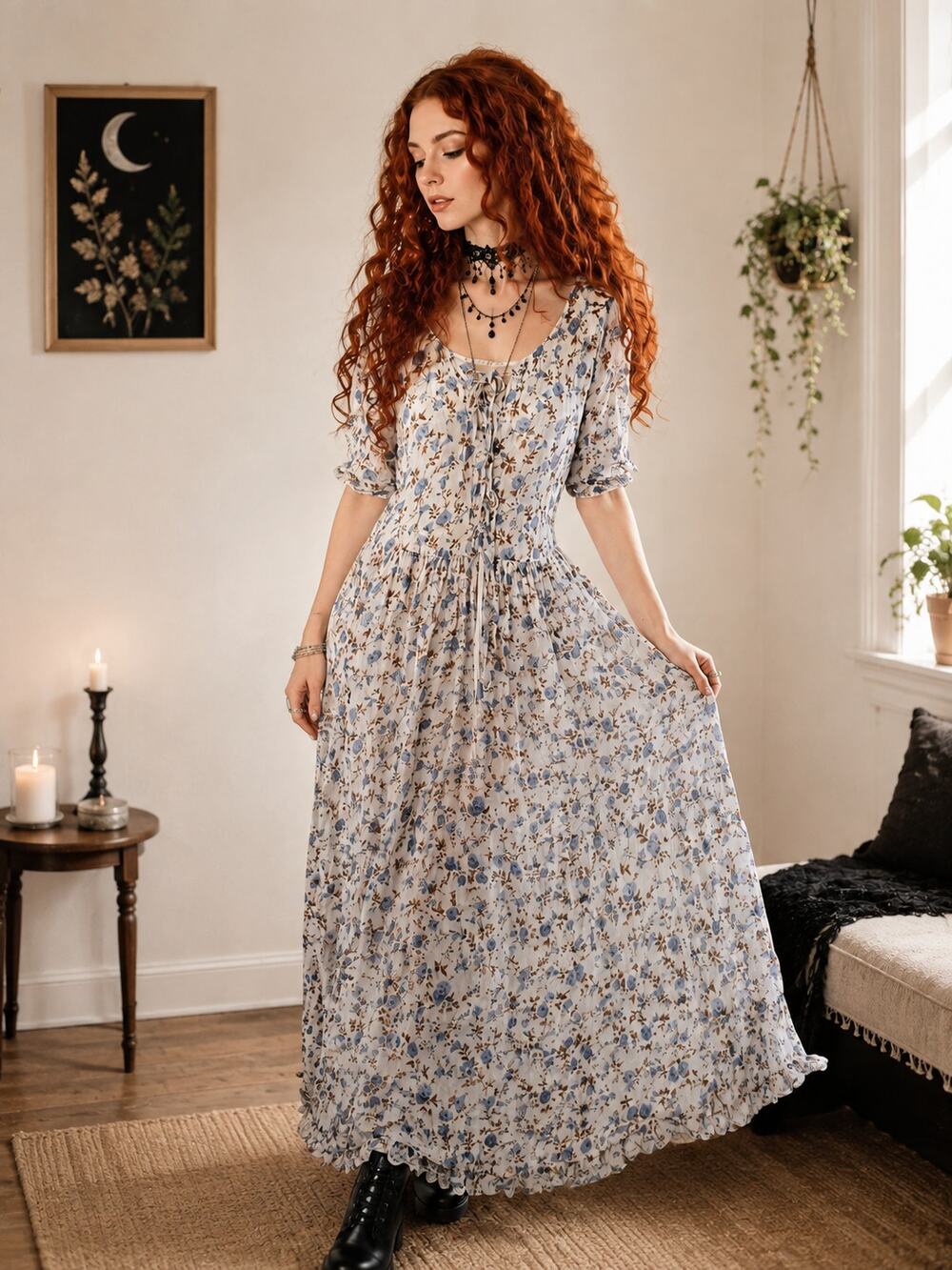 VTG 90s Papillon Blue Floral Crinkle Rayon Maxi Dress Boho M